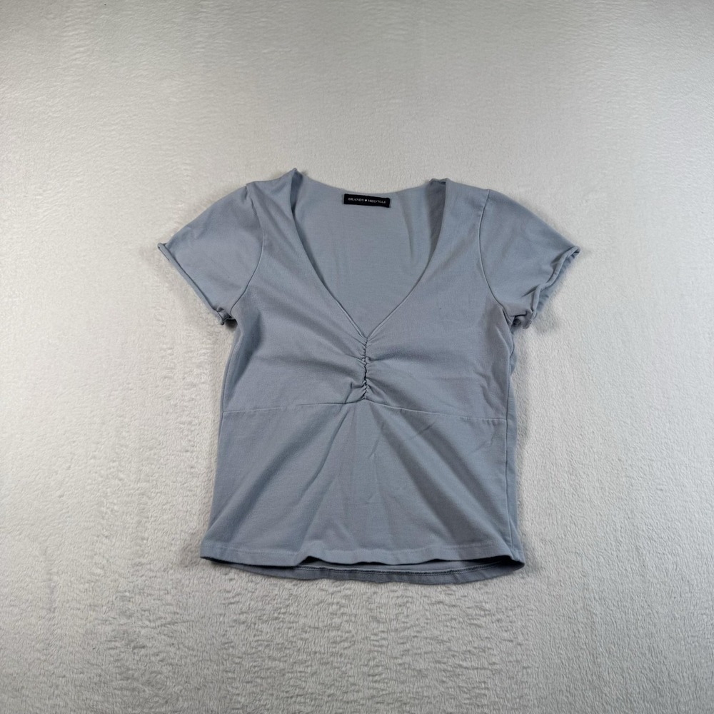 Brandy Melville Shirt One Size Blue V Neck Ruched Short Sleeve Tee Casual Top‎